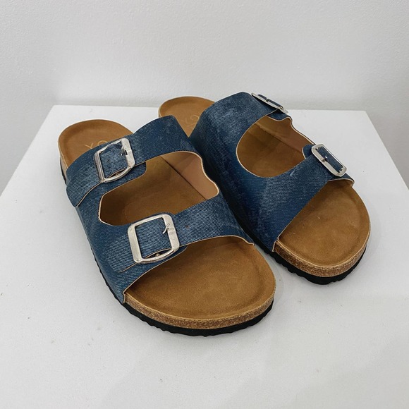 Double Strap Faux Denim Slip On Sandals - Picture 2 of 7